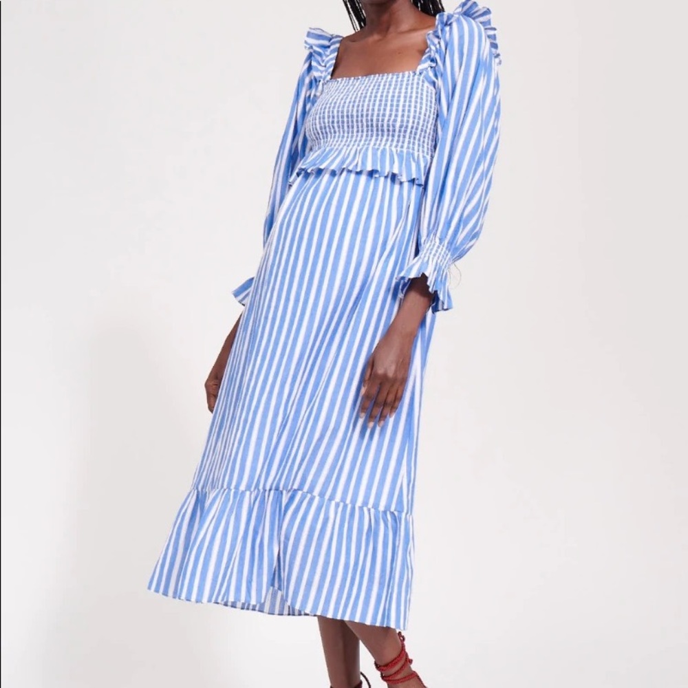 Frances Hart Smocked cotton dress size XS blue and white